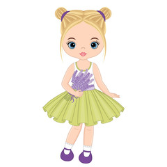 Fototapeta na wymiar Vector Cute Little Girl with Lavender Bouquet