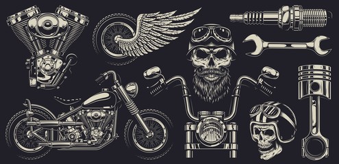 Set of vintage custom motorcycle emblems, labels, badges, logos, prints, templates. Layered, isolated on dark background Easy rider