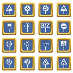 Different road signs icons set blue