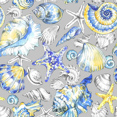 Hand painted seashells pattern. Watercolor vintage ocean background. Original hand drawn illustration. Marine design. Tropical shell, starfish texture.