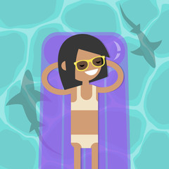 Obraz na płótnie Canvas Hidden threat: shark shadows in water. Young serene female character lying on the inflatable mattress. Flat editable vector illustration, clip art