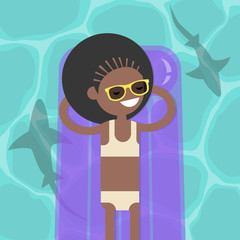 Fototapeta na wymiar Hidden threat: shark shadows in water. Young black girl lying on the inflatable mattress. Flat editable vector illustration, clip art