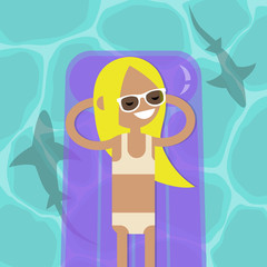 Obraz na płótnie Canvas Hidden threat: shark shadows in water. Young serene female character lying on the inflatable mattress. Flat editable vector illustration, clip art