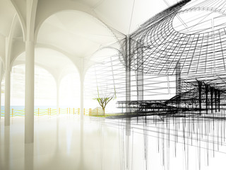 sketch design of interior hall, 3d rendering