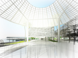 sketch design of interior hall, 3d rendering