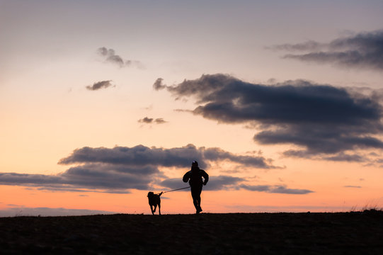 Dog and its owner canicross at dawn