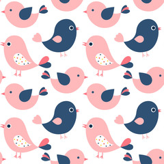 Cute vector seamless pattern with pink and blue cartoon birds for baby products, invitations and kid clothes
