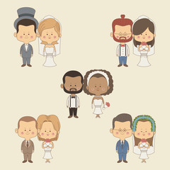 color background of set full body bride and groom couple vector illustration