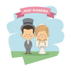 color sky landscape scene of just married couple bride with blonded hair and groom with hat vector illustration