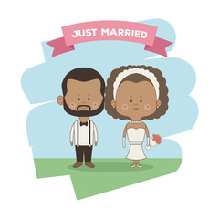 color sky landscape scene of just married couple bride and groom brunette vector illustration