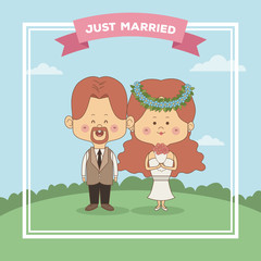 Obraz na płótnie Canvas color sky landscape scene greeting card of just married couple bride and groom with redhair vector illustration