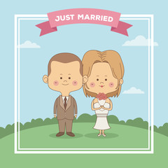 color sky landscape scene greeting card of just married couple bride with blonded hair and groom with haircut vector illustration