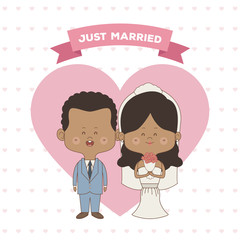 greeting card pattern of hearts of just married couple bride and groom of skin brunette vector illustration