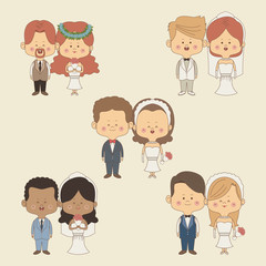color background of set full body couple bride and groom in wedding suits vector illustration