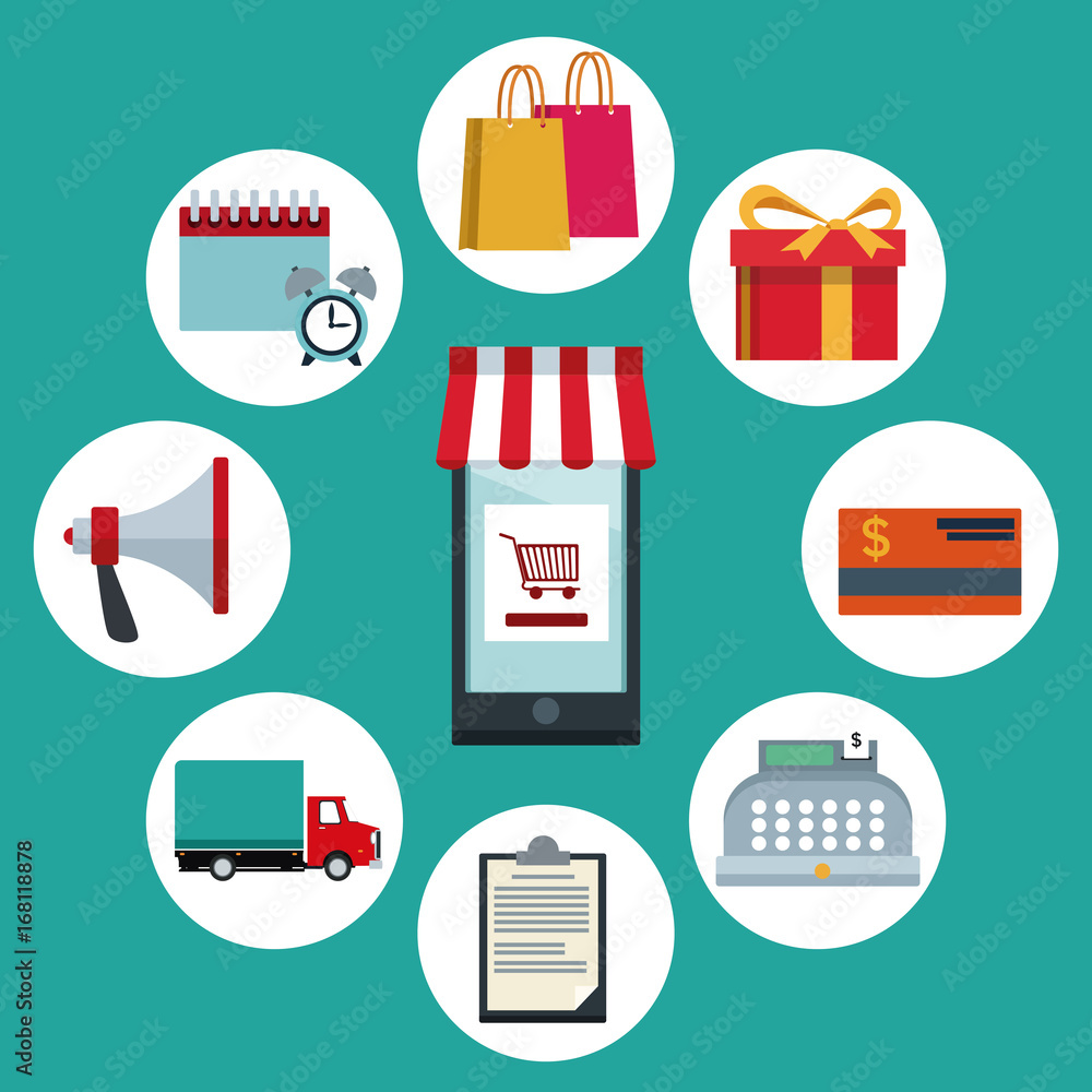 Poster color background with smartphone with awning and online shopping elements in circular frames around 