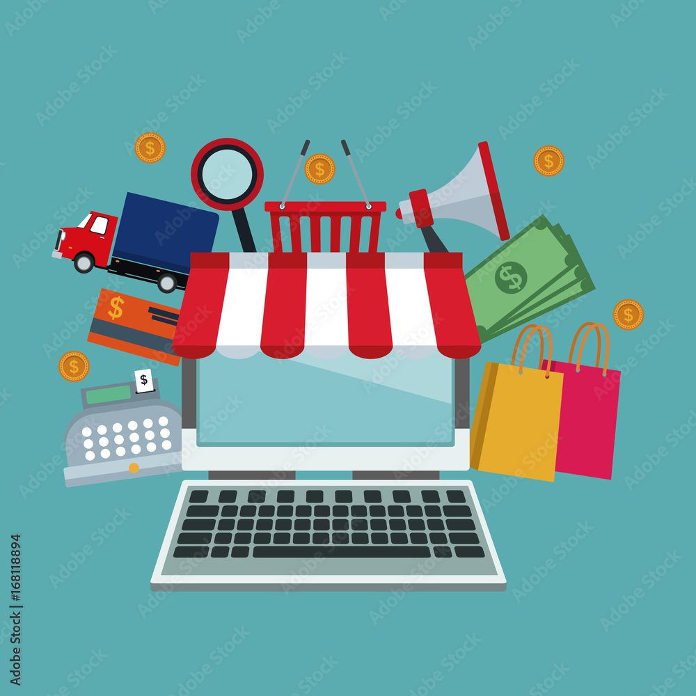 Aufkleber color background with laptop computer store with awning and elements icons online shopping vector il