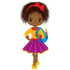 Vector Cute Little African American Girl with School Bag