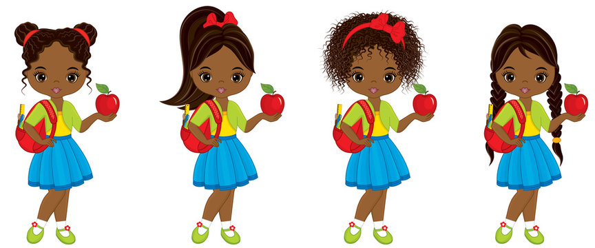 Vector Cute Little African American Girl with School Bags and Apples