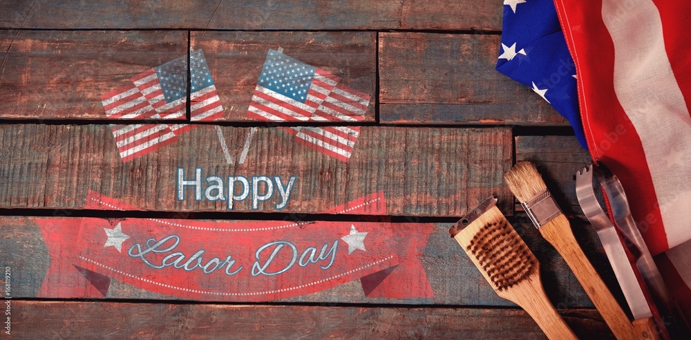 Poster composite image of happy labor day text badge with flags