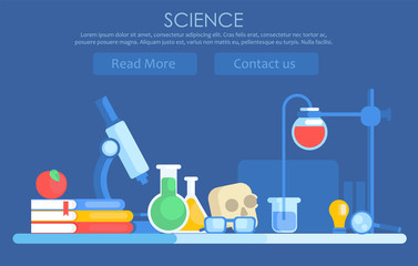 Science banner. Chemical laboratory, skull, books, apple, glasses, table