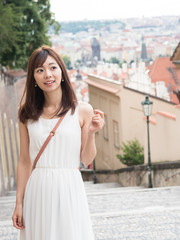 portrait of young asian woman traveling in europe