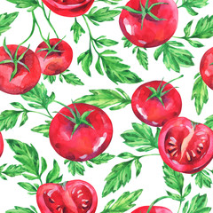 Hand drawn seamless pattern with watercolor red tomatoes and leaves.