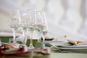 glasses for vine. Table set for an event party or wedding reception,