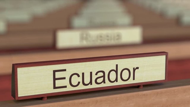 Ecuador name sign among different countries plaques at international organization. 3D rendering