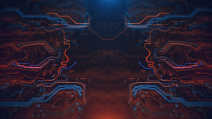 Technology Terminal Background. Orange, yellow, blue, background with digital integrated network technology. Printed circuit board. Circuit board futuristic server code processing. PCB, Code, HTML. 