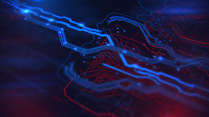 Blue neon Energy lights. Technology Terminal Background. Digital red blue backdrop. Printed circuit board. Technology  wallpaper. 3D illustration. Circuit board futuristic server code processing.