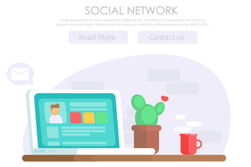 Social network banner. Workplace with a laptop, an open user window, cactus and coffee. Brick wall