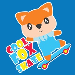 Cute fox plays skateboard vector cartoon illustration for kid t shirt design, kid nursery wall and graphic wallpaper