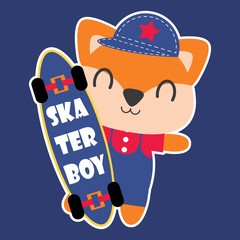 Cute fox as skater boy vector cartoon illustration for kid t shirt design, kid nursery wall and graphic wallpaper