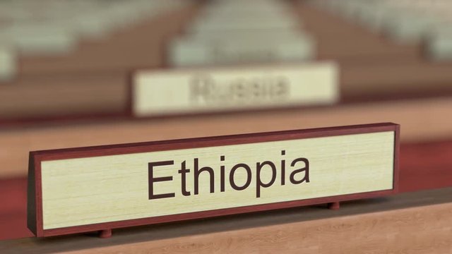 Ethiopia name sign among different countries plaques at international organization. 3D rendering