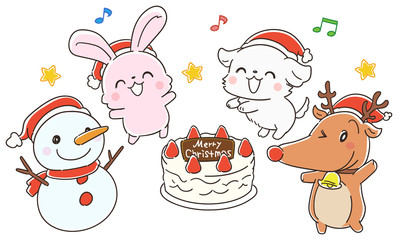 クリスマスケーキを囲む動物たちのイラスト