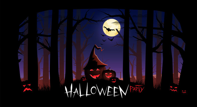 Silhouettes of pumpkins against the background of a gloomy forest