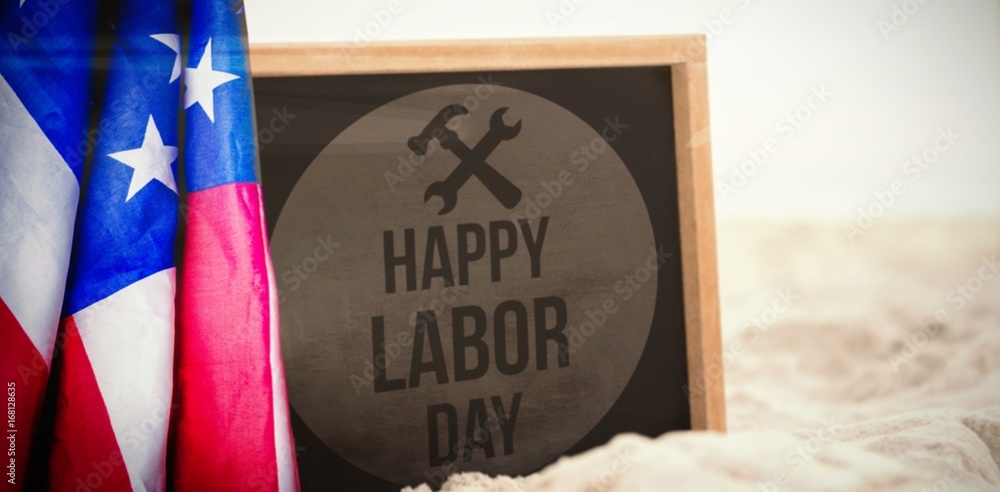 Poster composite image of happy labor day text with tools on red poster