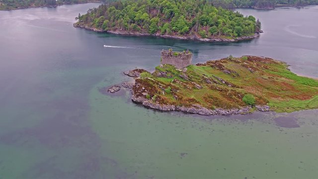 Aerial view of the old ruined Castle in the Highlands of Scotland