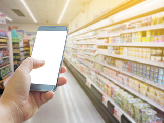 Layout with smart-phone holding in your hand, Screen blank for application,  supermarket shoping