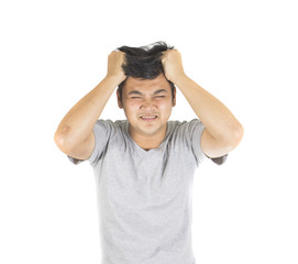 Asian Man Short Hair Having Headache from Work or Strain on White Background
