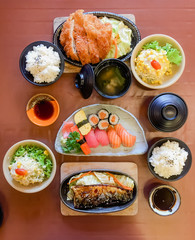 bowl of salad with vegetables, Katsudon, Saba fish teriyaki sauce, sushi, Japan food, Japan table food