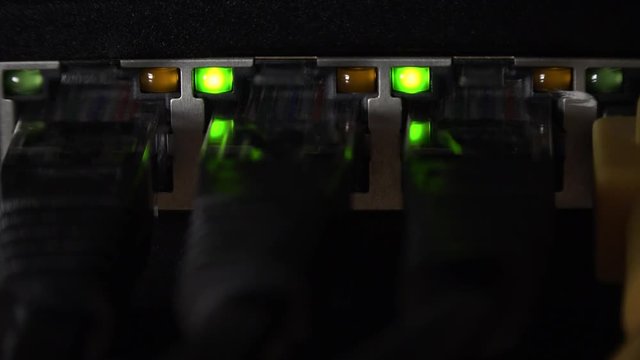 Network equipment with blinking LEDs (4K footage)