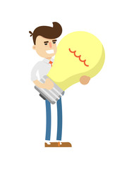 Businessman with big light bulb icon. Business project and idea generation vector illustration in flat design.