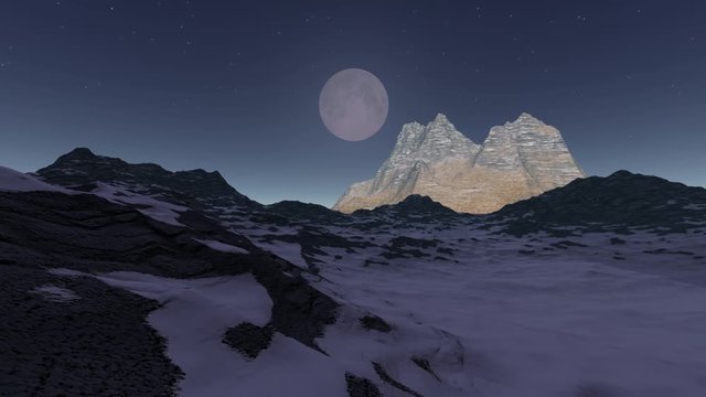 Moonlight, a beautiful  animation, snow on the mountain, stones and ice, a peak as background and stars in the sky.