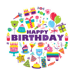 Happy birthday greeting card with colourful party elements