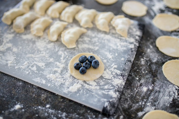 Tasty appetizing ingredients on table. Top View.