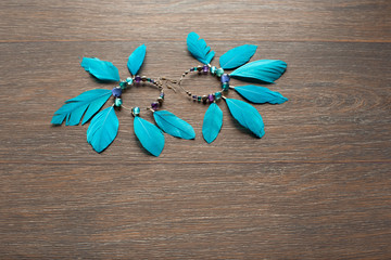 Fototapeta na wymiar Long earrings for women with feathers