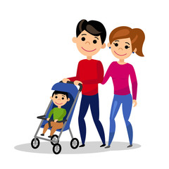 Happy family. Dad wheels the baby in the pram. Father, mother and son. Isolated people on white background. Flat style. Vector illustration.