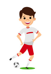 The player kicks the ball. Young man in his football uniform. Vector illustration.