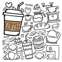 This is set of icon doodle hand drawing coffee and equipment with dessert and bread. vector illustration isolate on white background.